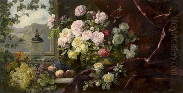 Stillleben Mit Rosenbouquet Und Glasvase, Im Hintergrund Blick In Die Landschaft Oil Painting by Franz Xaver Birkinger