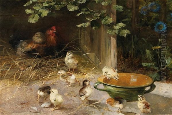 Hens With Chicks Oil Painting by Franz Xaver Birkinger