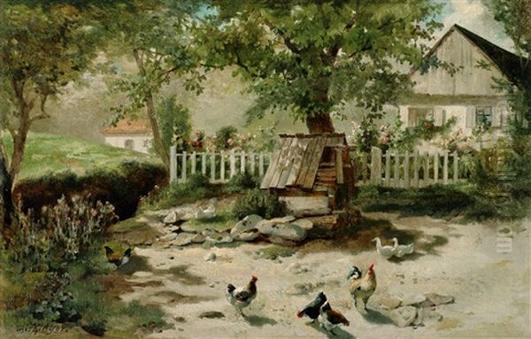 Besonntes Idyll In Einem Huhnerhof, Im Hintergrund Bluhendes Gartchen Und Haus by Franz Xaver Birkinger