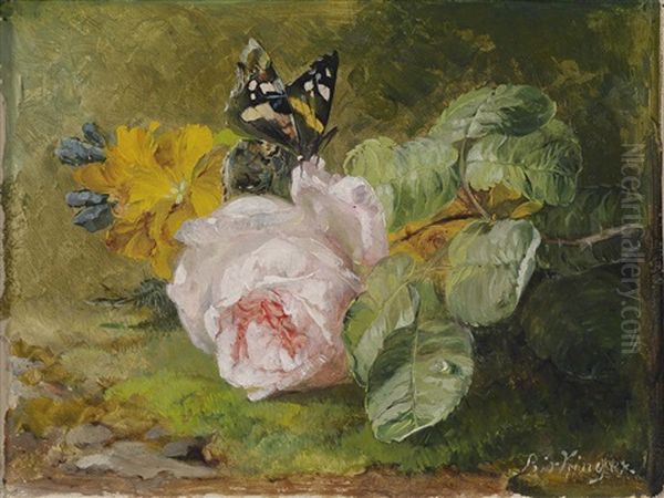 Rosen Und Schmetterling Am Waldboden Oil Painting by Franz Xaver Birkinger