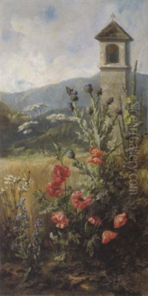 Mohnblumen, Disteln Und Spitzwegerich Vor Einem Kornfeld, Im Hintergrund Weitlaufige Burganlage Oil Painting by Franz Xaver Birkinger