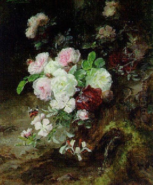 Floral Still Life Of Roses Oil Painting by Franz Xaver Birkinger