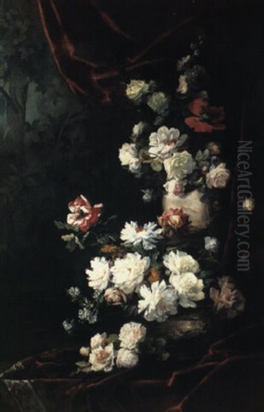 Floral Still Life Before A Velvet Curtain In A Landscape by Franz Xaver Birkinger