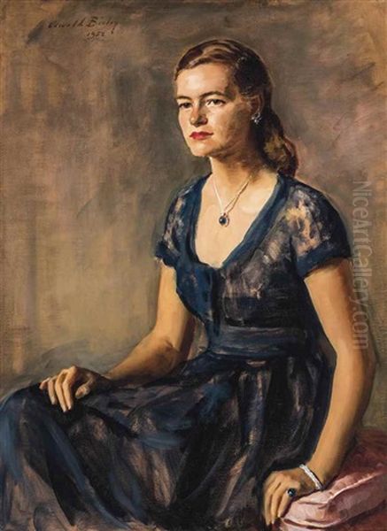 Portrait Of Pamela Woolworth, In A Blue Dress by Oswald (Sir) Birley