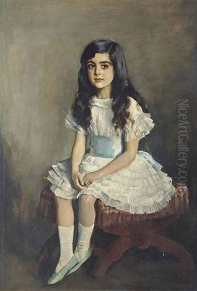 Portrait Of A Young Girl, Full-length, In A White Dress Sitting On A Red Stool by Oswald (Sir) Birley