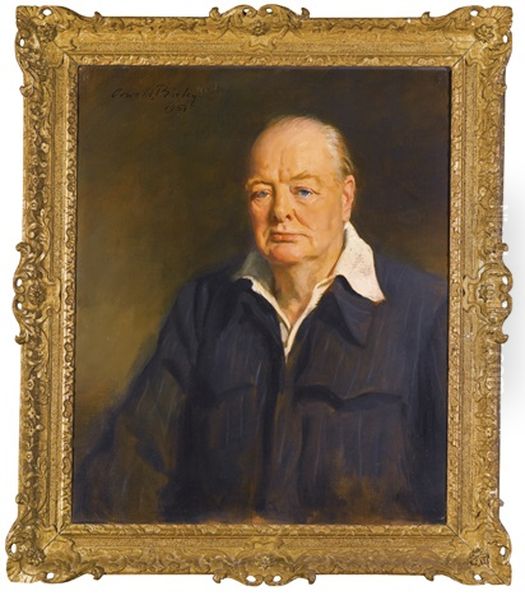 Portrait Of Sir Winston Churchill, Half Length, Wearing A Siren Suit by Oswald (Sir) Birley