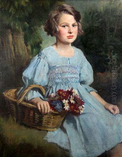 Portrait Of A Girl Wearing A Blue Dress And Holding A Basket Of Flowers Oil Painting by Oswald (Sir) Birley