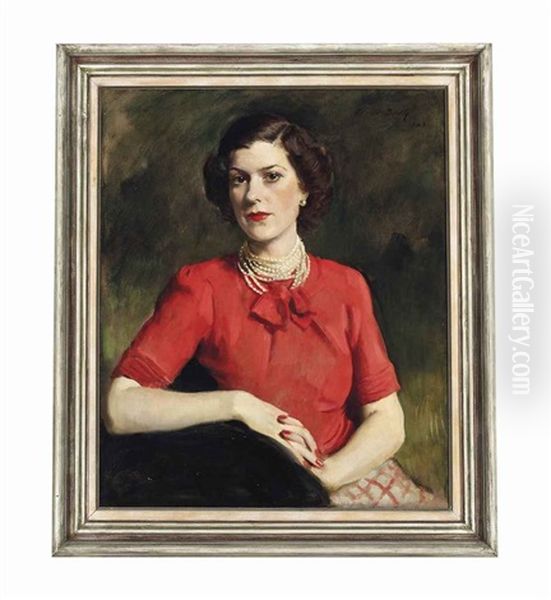 Portrait Of A Lady In A Red Pussy Bow Blouse by Oswald (Sir) Birley