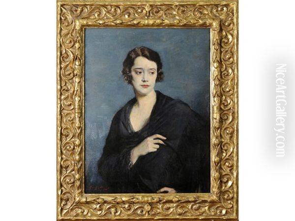 Portrait Of Lady Wearing A Black Shawl Oil Painting by Oswald (Sir) Birley