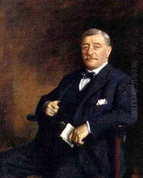 Portrait Of Sir John E. Mitchell In A Blue Suit And Bow Tie Oil Painting by Oswald (Sir) Birley