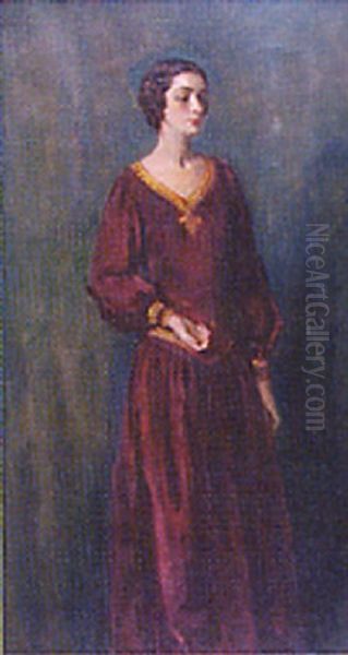 Portrait Of Artist's Wife In Red Dress Oil Painting by Oswald (Sir) Birley