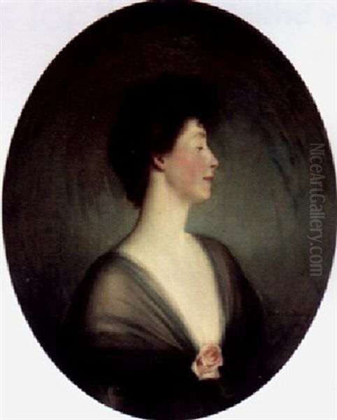 Portrait Of Lady Buchan-hepburn, Half-length, In A Black Dress And Corsage by Oswald (Sir) Birley