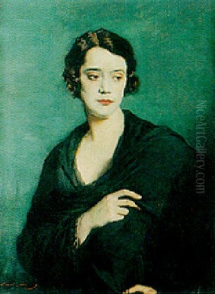 A Portrait, Bust Lenght, Of A Lady Wearing A Black Shawl Oil Painting by Oswald (Sir) Birley