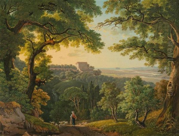 View Of Villa Mondragone Near Frascati With View Of Monte Circeo Oil Painting by Peter Birmann