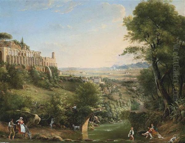 A Wooded River Landscape, With Peasants On A Shore, Classical Ruins And A Villa Beyond Oil Painting by Peter Birmann