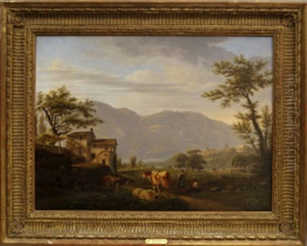 Figures Resting By A Farm House With Sheep And Cow Grazing And Mountainous Landscape Beyond Oil Painting by Samuel Birmann