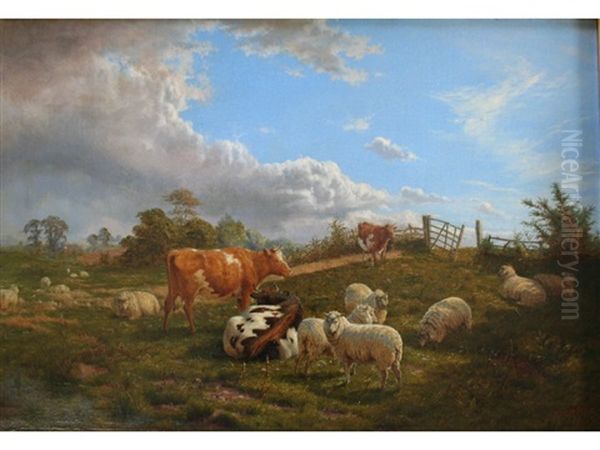 Cattle And Sheep In A Field Oil Painting by Henry Birtles