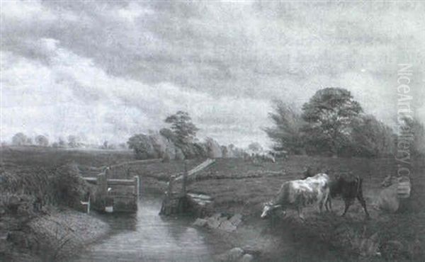 Cows By A Loch Oil Painting by Henry Birtles