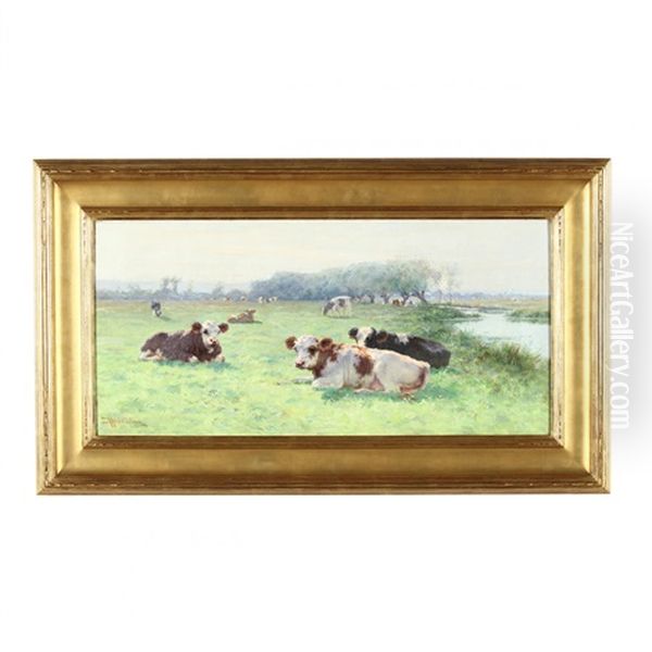 Cows In Sunlit Meadow Oil Painting by Henry Singlewood Bisbing