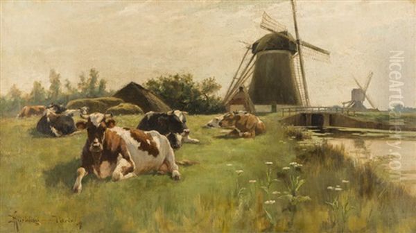 Cattle In A French Landscape With Windmill And Wildflowers Oil Painting by Henry Singlewood Bisbing