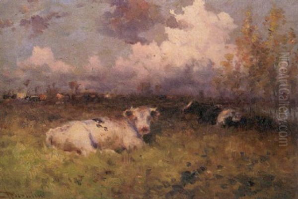 Cows In A Pastoral Landscape Oil Painting by Henry Singlewood Bisbing