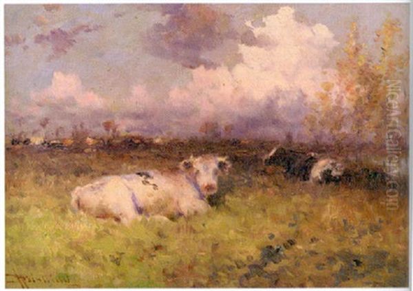 Cows In A Pastoral Landscape Oil Painting by Henry Singlewood Bisbing