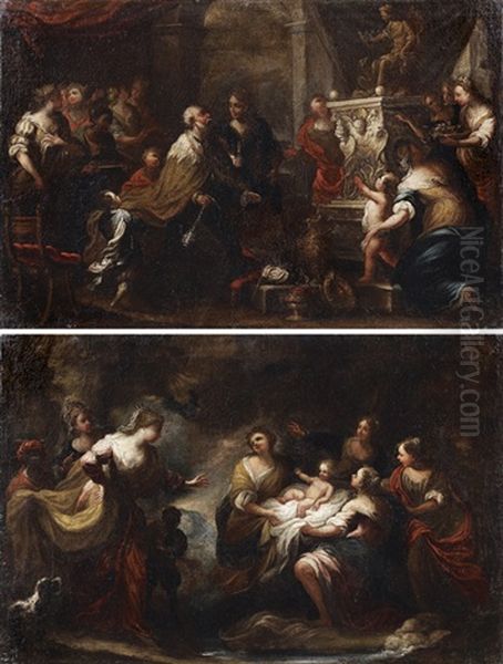 Salomon Sacrifiant Aux Idoles ( + Moise Sauve Des Eaux; Pair) Oil Painting by Bartolomeo Biscaino