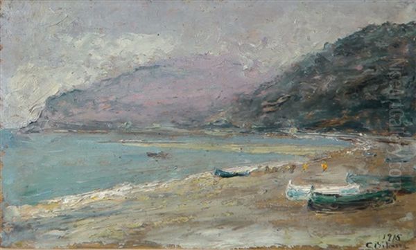 Barche Sulla Spiaggia Oil Painting by Cesare Biscarra