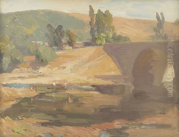 Figures Near Water In The Arroyo Seco Oil Painting by Franz Arthur Bischoff