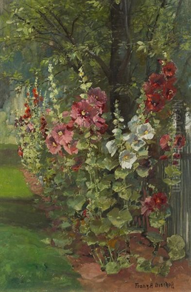 Hollyhocks, Still Life Oil Painting by Franz Arthur Bischoff