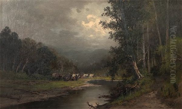 Encampment In A Forest Clearing Oil Painting by Franz Arthur Bischoff