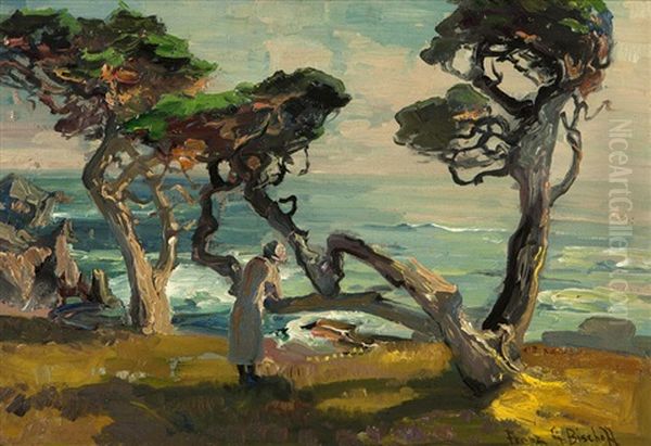 Cypress & Sea, The Artist's Wife Near The Carmel Coast Oil Painting by Franz Arthur Bischoff