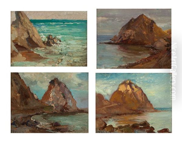 Sketches Of Sugar Loaf Point (avalon Harbor), Catalina Island, California (4 Works) Oil Painting by Franz Arthur Bischoff