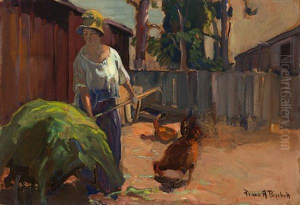 The Artist's Wife With A Hay Cart And Chickens Oil Painting by Franz Arthur Bischoff