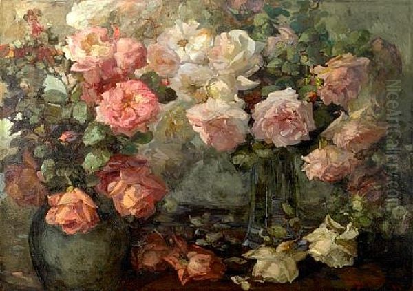 Pink And White Roses In Vases On A Table Oil Painting by Franz Arthur Bischoff