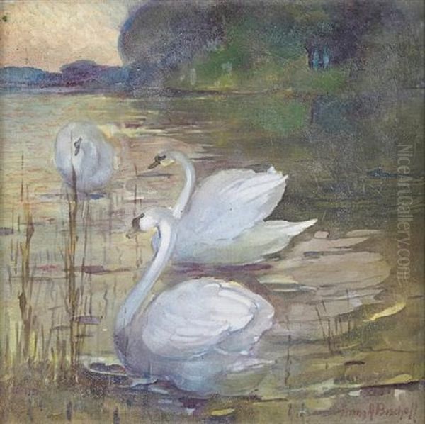 Three Swans By A Lake Oil Painting by Franz Arthur Bischoff