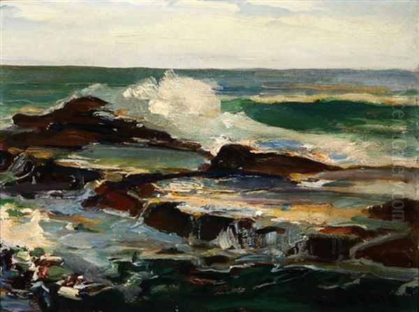 Crashing Waves On Rocks Oil Painting by Franz Arthur Bischoff