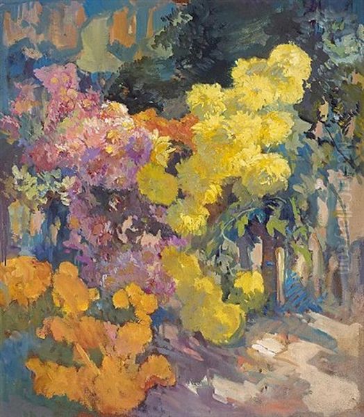 A Walkway Lined With Pink And Yellow Chrysanthemums Oil Painting by Franz Arthur Bischoff