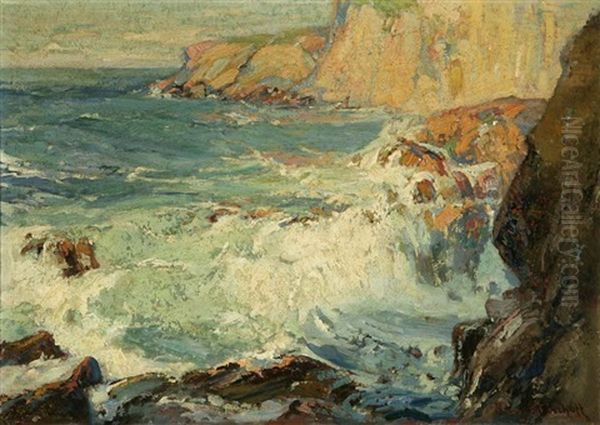 Surf Breaking Over Rocks Oil Painting by Franz Arthur Bischoff