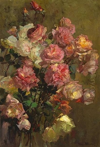 A Glass Vase Full Of Roses Oil Painting by Franz Arthur Bischoff