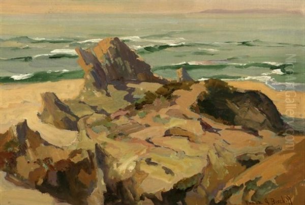 View Of Catalina Island From Balboa Rocks Oil Painting by Franz Arthur Bischoff