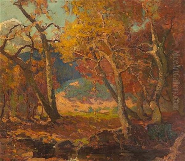 A Woodland Brook Oil Painting by Franz Arthur Bischoff