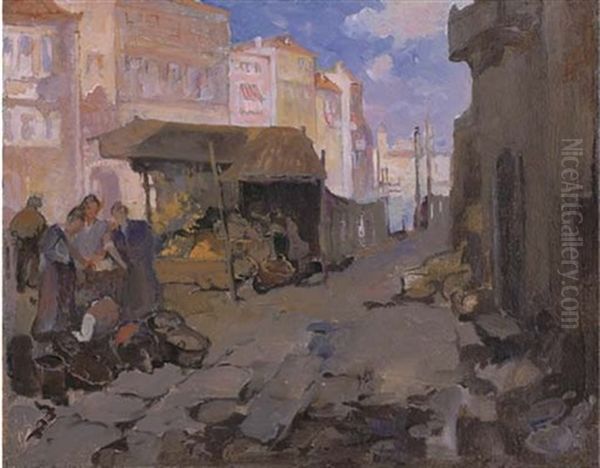 Italian Market Oil Painting by Franz Arthur Bischoff