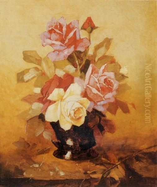 Still Life With Roses Oil Painting by Franz Arthur Bischoff