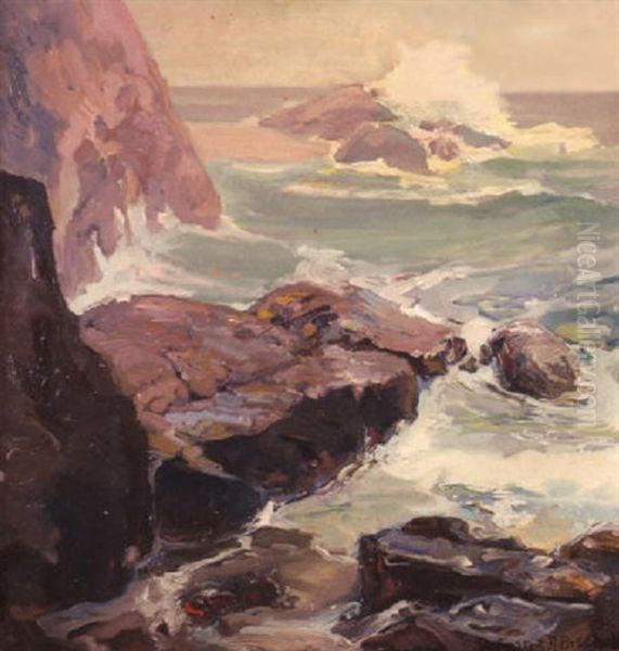 Rocky Coastal Landscape Oil Painting by Franz Arthur Bischoff