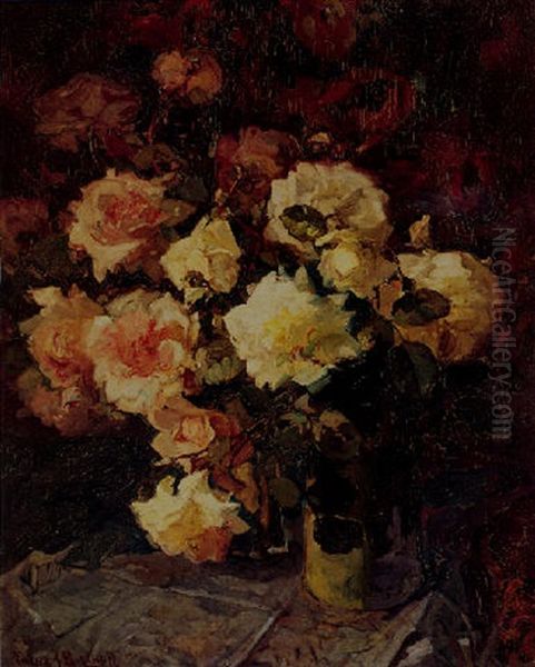 A Still Life With Pink And Yellow Flowers In A Vase Oil Painting by Franz Arthur Bischoff