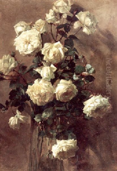 White Roses In A Glass Vase Oil Painting by Franz Arthur Bischoff