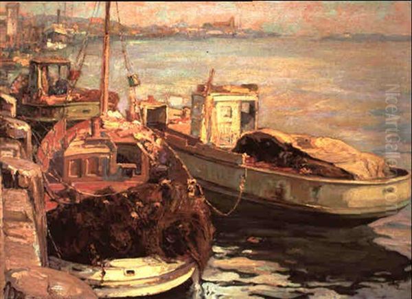 San Pedro Fishing Boats Oil Painting by Franz Arthur Bischoff