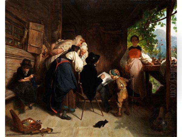 Junger Maler Beim Portraitieren Eines Hubschen Bauernmadchens Oil Painting by Friedrich Bischoff