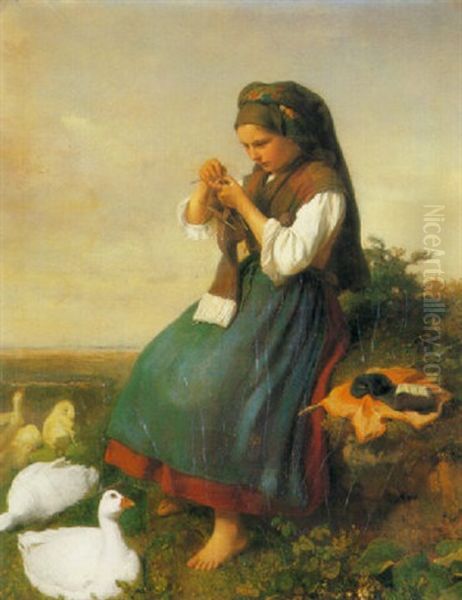 Girl Crocheting Oil Painting by Friedrich Bischoff